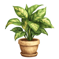 Hand-drawn House Plant in a Pot Isolated on Transparent or White Background, PNG