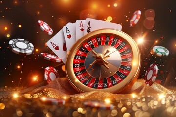 Engaging image of a roulette wheel merged with playing cards and chips, evoking the thrills of strategic betting and the glow of golden casino scenes
