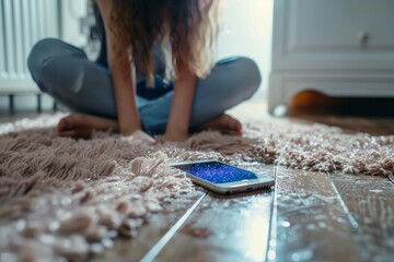A smartphone with a glittering screen lies on the carpet, suggesting a moment of reprieve from digital interactions