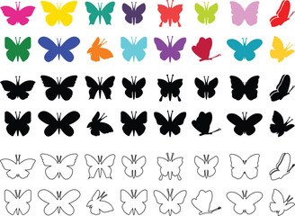 Butterflies silhouette black and colorful drawing flat or line icon set. Flaying butterflies vector collection isolated on transparent background. Use for graphic design, beauty, web and mobile app.