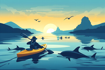 a man rides a kayak arounds dolphins in water.