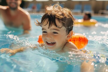 A vibrant image capturing the joyful moment of a small child with a bright orange float in a sunlit swimming pool