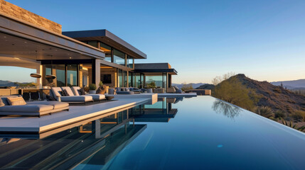 Fototapeta na wymiar Providing a seamless indooroutdoor living experience this desert abode features a stunning infinity pool outdoor lounging areas and a breezy interior thanks to its innovative