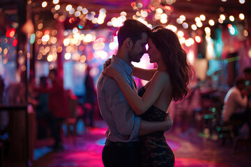 Intimate Couple Dancing Close Together in a Romantic Setting with Colorful Lights