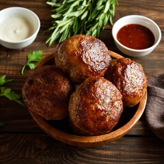 Homemade cutlets from minced meat in bowl served with sauce on wooden table