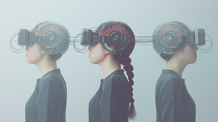 Fototapeta na wymiar Three women wearing virtual reality headset and glasses experiences a futuristic technology world. isolated on plain background and explore artificial intelligence and innovation concepts in science