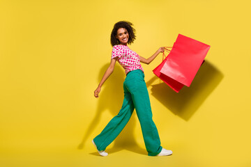 Full body profile photo of nice positive lady hold mall bags walk empty space ad isolated on yellow color background