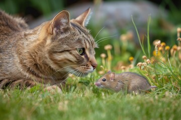 Naklejka premium Domestic cat intently watching a small mouse, highlighting the natural predatory behavior in a garden