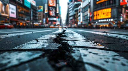 In a busy city street, there is a road with a long crack, depicting the effects of an earthquake. The background appears blurry
 - obrazy, fototapety, plakaty