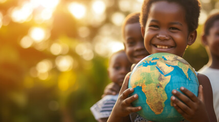 International day of peace concept with African Children holding earth globe. Group of African children holding planet earth over blurry nature background with copy space 