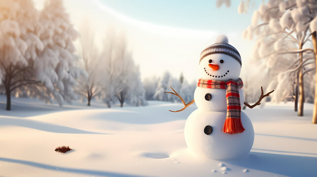 Romantic encounter between snowman and Christmas snowflakes
