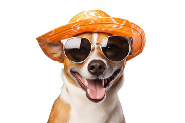 Small Dog Wearing Hat and Sunglasses. A small dog wearing a hat and sunglasses looks adorable and...