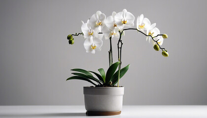 white orchid plant in pot, isolated white background. copy space for text

