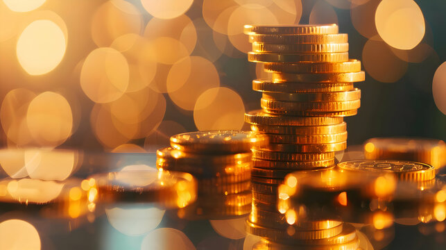 Close up photo of golden coins stacked in increasing columns on a glare background. High-resolution