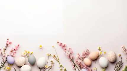 Foto op Aluminium Minimalistyczne jasne tło na życzenia Wielkanocne. Alleluja - Wesołych świąt Wielkiej Nocy. Jajka, kwiaty i inne wiosenne dekoracje. © yeseyes9