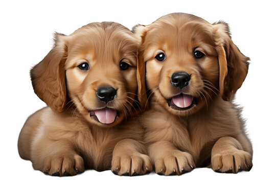 Two Puppies Sitting Next to Each Other. Two adorable puppies are seated side by side on a plain Transparent background.