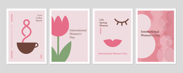 Fototapeta na wymiar Womens day set posters or cards. Cute greetin illustrations set in flat style.