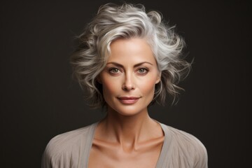 Attractive Middle-Aged Woman Poses for Photograph With Grey Hair Generative AI