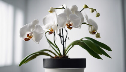 white orchid plant in pot, isolated white background. copy space for text  