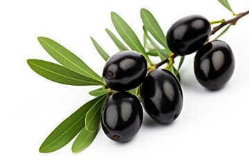 Ripe black olives with olive leaves on a white background. Organic food.
