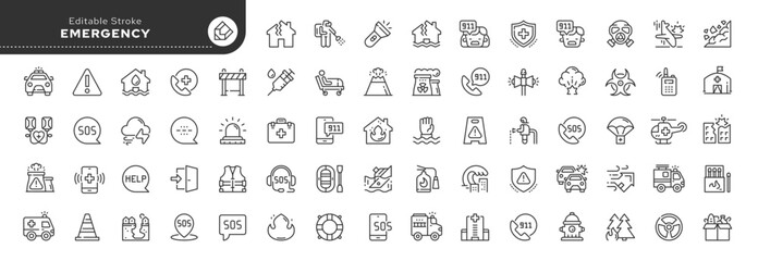 Set of line icons in linear style. Set - Emergency. Sos. Dangerous situation and incident, disaster, accident. Help and salvation.Outline icon collection. Pictogram and infographic. Editable stroke.	