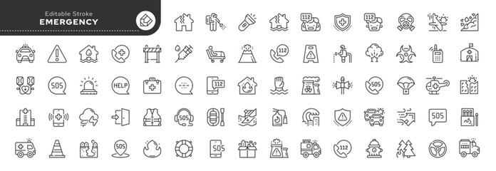 Set of line icons in linear style. Set - Emergency. Sos. Dangerous situation and incident, disaster, accident. Help and salvation.Outline icon collection. Pictogram and infographic. Editable stroke.	 - obrazy, fototapety, plakaty