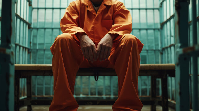 Jailed man dressed in orange jumpsuit sit on a bench of a prison cell alone
