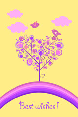 Psychedelic concept with funny decorative abstract lilac tree in heart shape, rainbow and lovely pair of birds for wedding, birthday, Valentines day greeting cards and invitations on yellow background