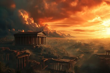 A vividly colored painting of Ancient Roma, captures a breathtaking sunset, casting warm hues over a cityscape below. - obrazy, fototapety, plakaty