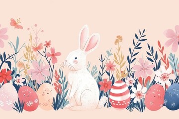 Happy Easter. Bunnies, eggs and flowers. Modern style design, pastel colors 