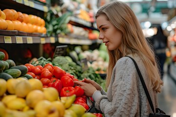 A vegan woman carefully inspects a variety of vegetables in a grocery store while shopping for healthy food.