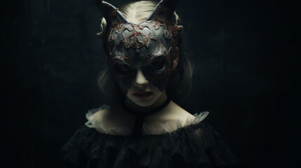A girl wearing a creepy cat mask trick or treat Halloween - obrazy, fototapety, plakaty