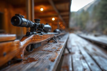Obraz premium A detailed close-up view of a rifle resting on a bench, showcasing the intricate features and design.