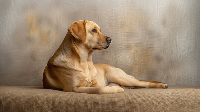 Labrador Retriever profile shot in a studio setting, capturing the fine detail of its fur texture and noble profile against a minimalist background.
