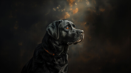 A contemplative Labrador Retriever dog with a glossy coat and soulful eyes, set against a dark background, exuding a sense of calmness and intelligence.