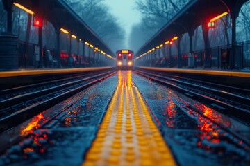 A train is seen traveling down the tracks next to a train station, showcasing the bustling activity of transportation. - obrazy, fototapety, plakaty