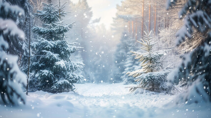 Low angle winter forest landscape blurry background with snow trees and snowfall
