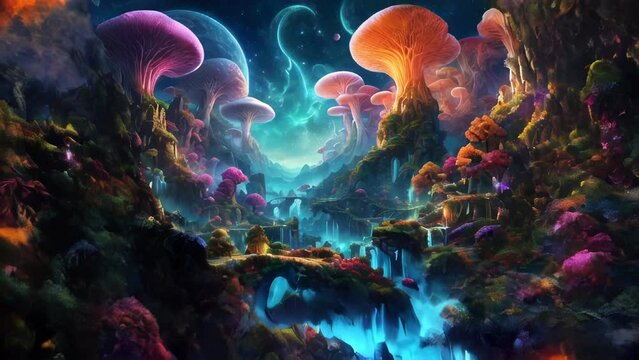 Mushroom fantasy landscape mountain river canyon zoom in