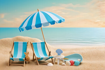 Fototapeta na wymiar Miniature beach scene, pastel blue background suggests a serene sky, tiny sandcastle at the forefront, minuscule striped beach umbrella staked beside a doll-sized deck chair. Generative AI