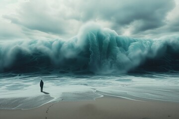 A lone person standing on the beach, looking at a giant wave approaching them - obrazy, fototapety, plakaty