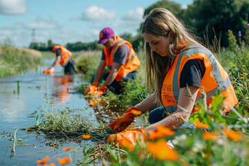 Volunteer Group Participating in Community Clean-Up. A dedicated team of volunteers gathers to remove litter and clean up a local park to protect the environment.