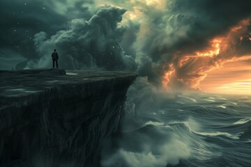 A person standing on the edge of a cliff, watching the world crumble beneath them