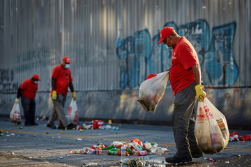 Volunteer Group Participating in Community Clean-Up. A dedicated team of volunteers gathers to remove litter and clean up a local park to protect the environment.