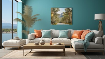 Turquoise Accent Wall in Living Room