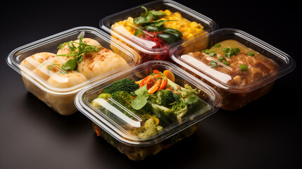 Asian Thai food lunch boxes in plastic packages container dark background