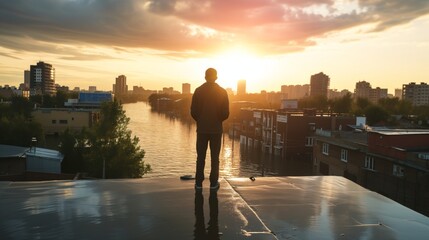Fototapeta premium A person standing on the roof of a building, looking at the city descending into water