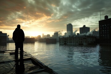 A person standing on the roof of a building, looking at the city descending into water