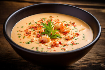 Creamy soup with shrimps and herbs on wooden table