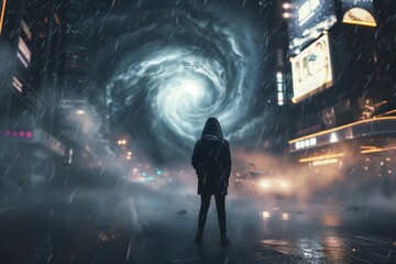 A person standing on the street, looking at a giant vortex approaching them