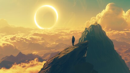 A person standing on top of a mountain, looking at a solar eclipse